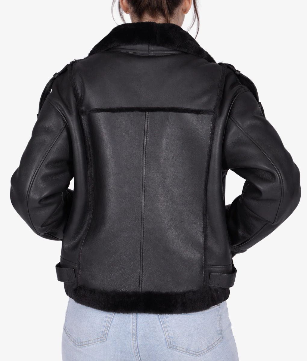 Julia Women's Black Faux Fur Shearling Trim Leather Jacket  Women's Black Faux Fur Shearling Trim Leather Jacket-2