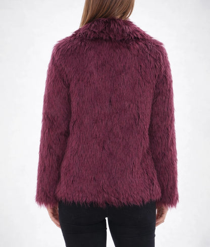 June Women's Burgundy Fuzzy Faux Fur Coat | Women's Burgundy Fuzzy Faux Fur Coat-4