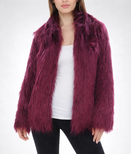 June Women's Burgundy Fuzzy Faux Fur Coat | Women's Burgundy Fuzzy Faux Fur Coat-1
