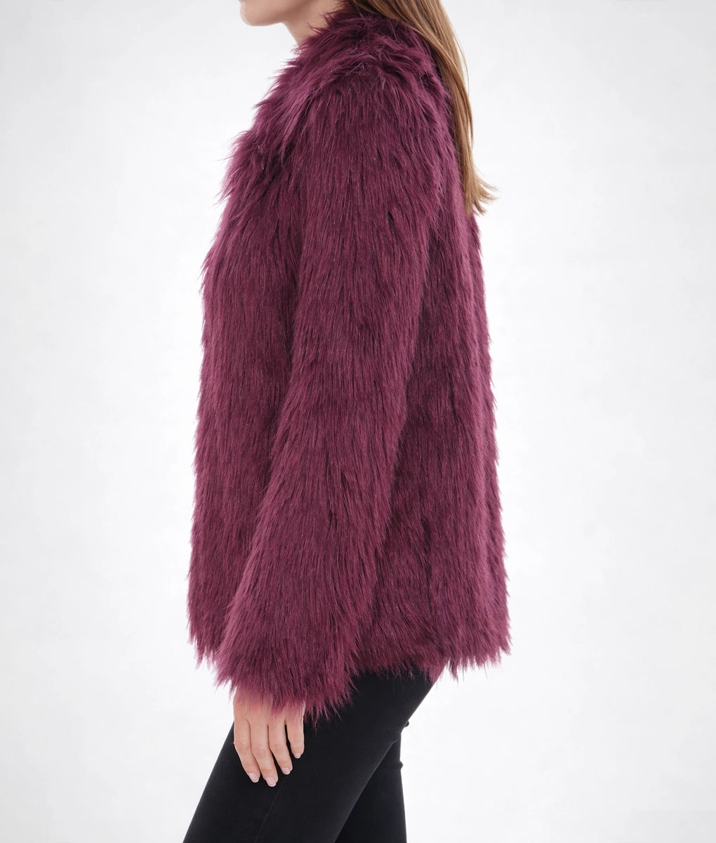 June Women's Burgundy Fuzzy Faux Fur Coat | Women's Burgundy Fuzzy Faux Fur Coat-3