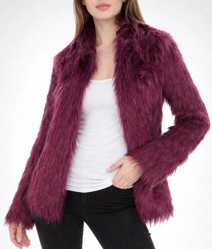 June Women's Burgundy Fuzzy Faux Fur Coat | Women's Burgundy Fuzzy Faux Fur Coat-2