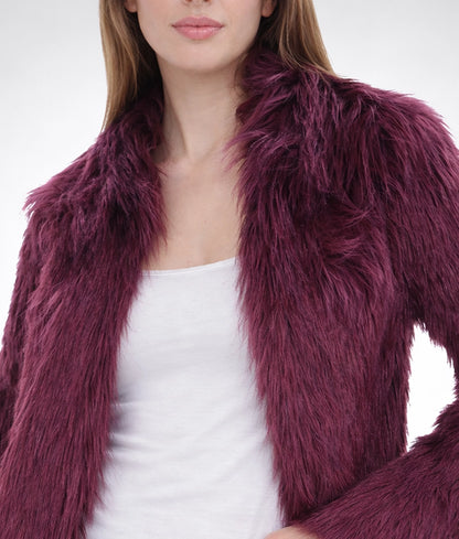 June Women's Burgundy Fuzzy Faux Fur Coat | Women's Burgundy Fuzzy Faux Fur Coat-5