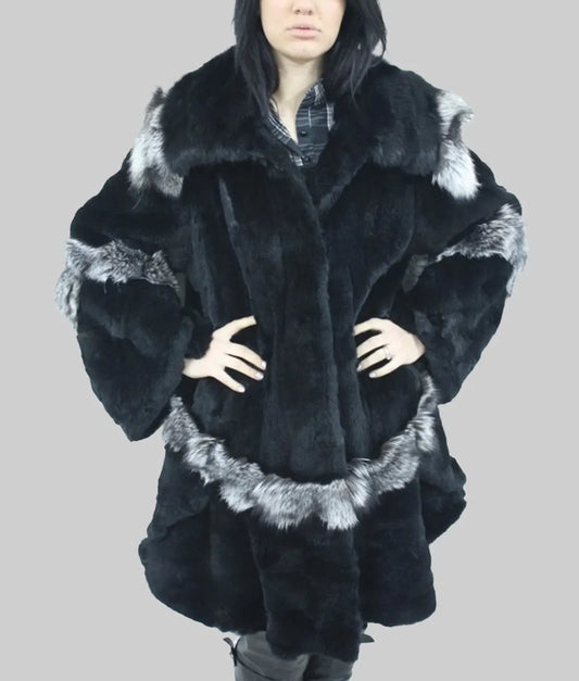 Karin Women Black Sheared Rex Rabbit Trim Fur Coat - Women Black Sheared Rex Rabbit Trim Fur Coat-2