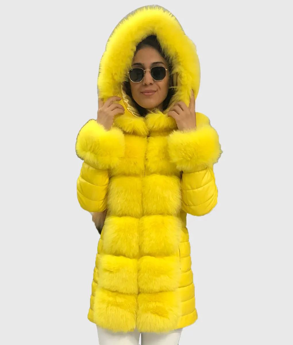 Ken Yellow Fox Fur Coat Long Trim With Hood-2