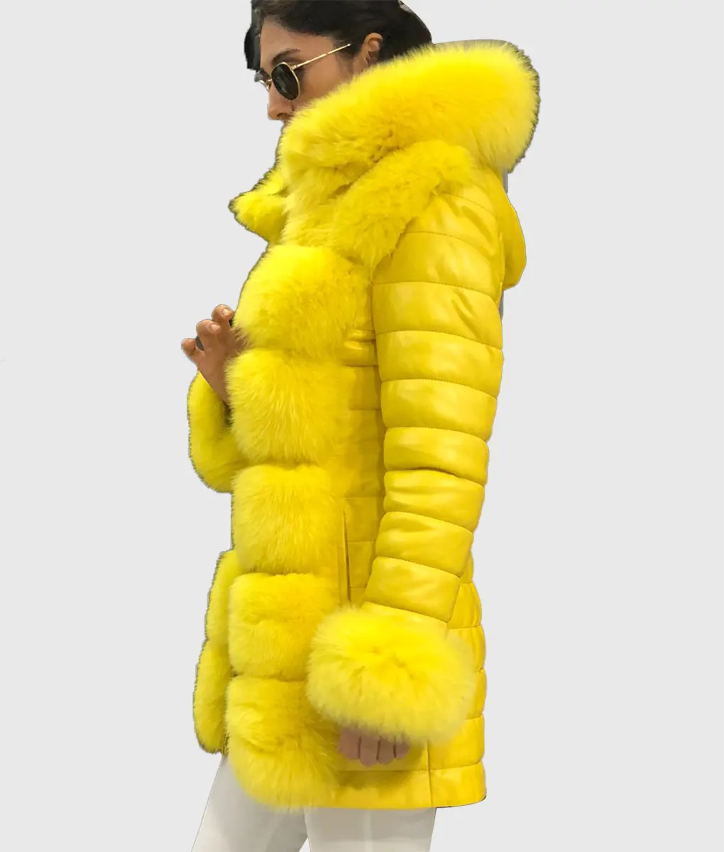 Ken Yellow Fox Fur Coat Long Trim With Hood-3