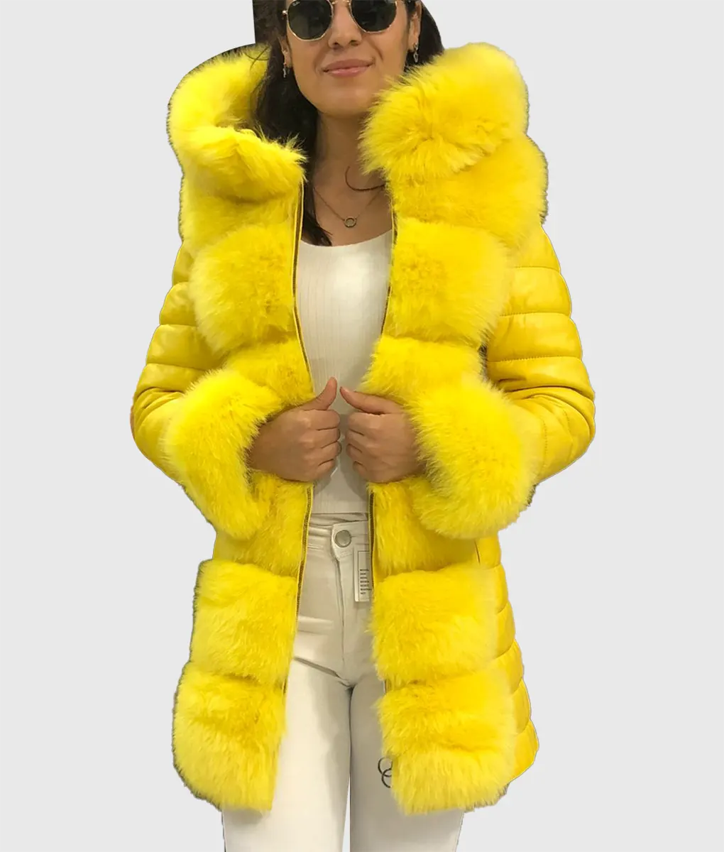 Ken Yellow Fox Fur Coat Long Trim With Hood-1