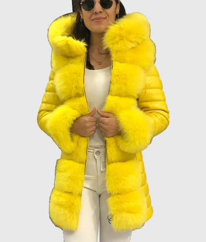 Ken Yellow Fox Fur Coat Long Trim With Hood-1