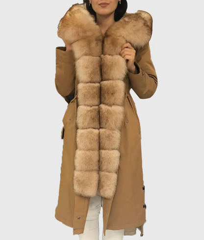 Leni Women Brown Fox Fur Coat Long Trim With Hood-1