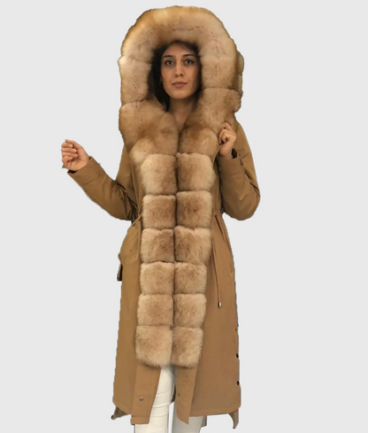 Leni Women Brown Fox Fur Coat Long Trim With Hood-3