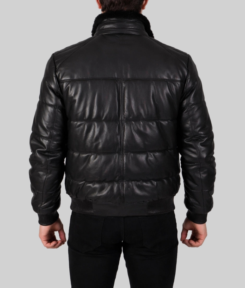Leo Men's Black Faux Fur Shearling Lining Puffer Leather Jacket | Men's Black Faux Fur Shearling Lining Puffer Leather Jacket-3