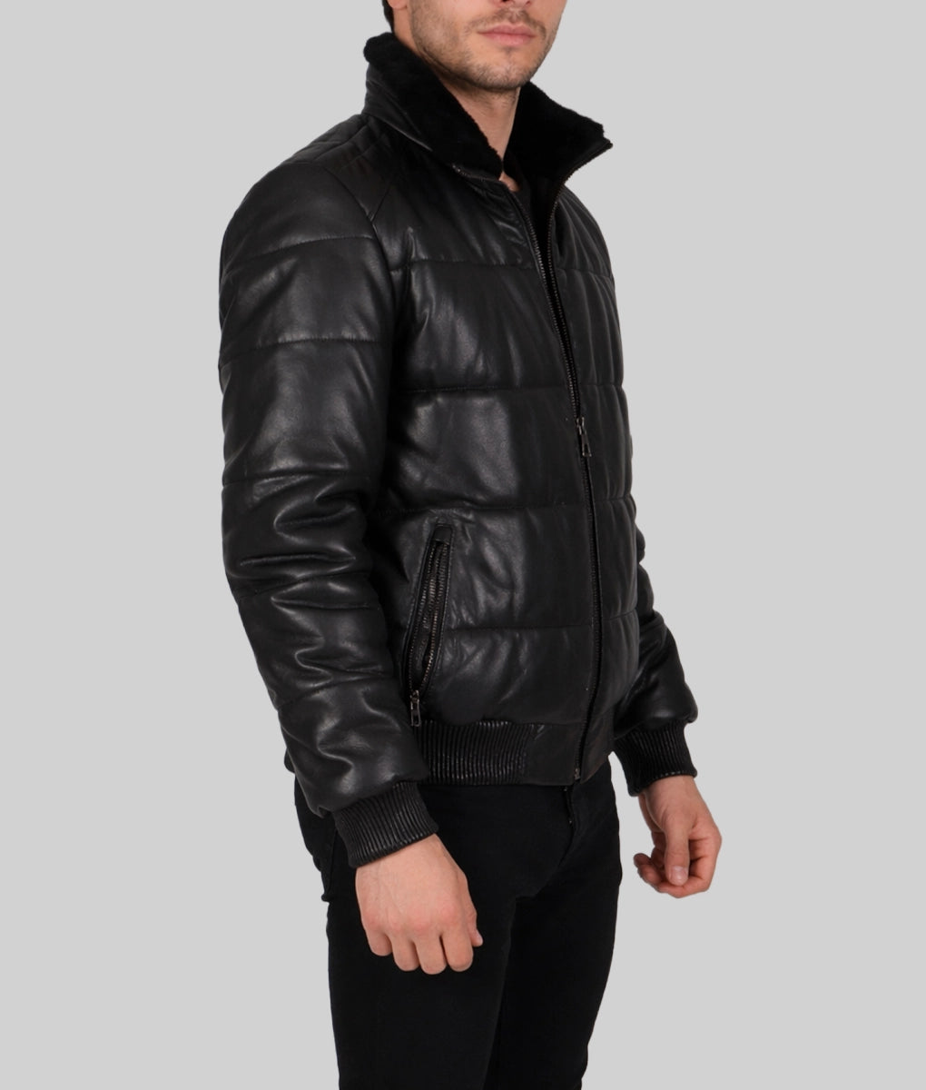 Leo Men's Black Faux Fur Shearling Lining Puffer Leather Jacket | Men's Black Faux Fur Shearling Lining Puffer Leather Jacket-2