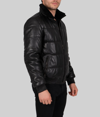 Leo Men's Black Faux Fur Shearling Lining Puffer Leather Jacket | Men's Black Faux Fur Shearling Lining Puffer Leather Jacket-2