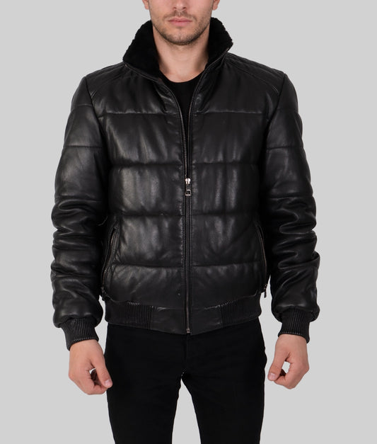 Leo Men's Black Faux Fur Shearling Lining Puffer Leather Jacket | Men's Black Faux Fur Shearling Lining Puffer Leather Jacket-1