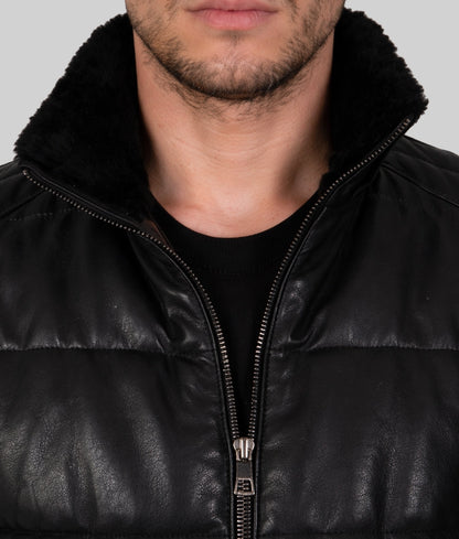 Leo Men's Black Faux Fur Shearling Lining Puffer Leather Jacket | Men's Black Faux Fur Shearling Lining Puffer Leather Jacket-4