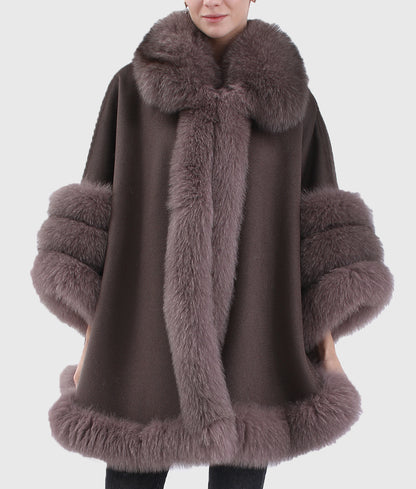 Leone Women Brown Long Cashmere Coat With Mink Fur Collar