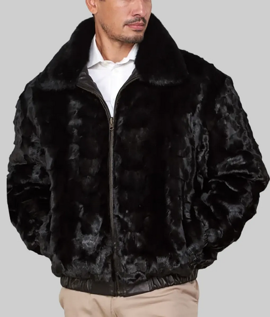 Lerry Men Black Mink Fur Bomber Jacket Reversible to Leather - Men's Black Mink Fur Reversible Jacket-1