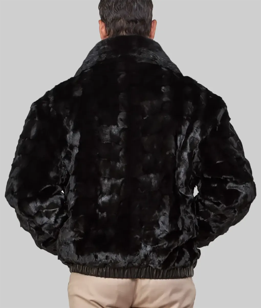 Lerry Men Black Mink Fur Bomber Jacket Reversible to Leather - Men's Black Mink Fur Reversible Jacket-2