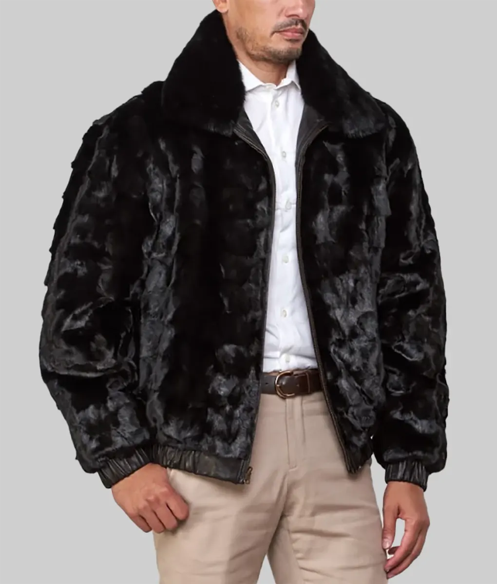 Lerry Men Black Mink Fur Bomber Jacket Reversible to Leather - Men's Black Mink Fur Reversible Jacket-3