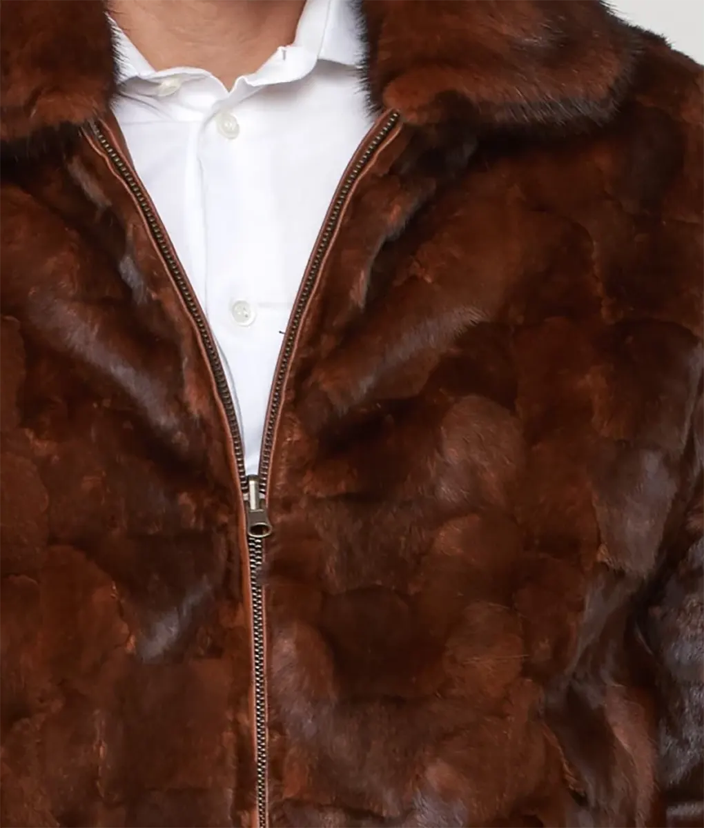 Lerry Men Brown Mink Fur Bomber Jacket Reversible to Leather - Men's Brown Mink Fur Reversible Jacket-4