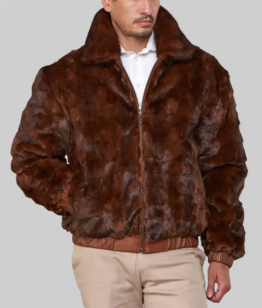 Lerry Men Brown Mink Fur Bomber Jacket Reversible to Leather - Men's Brown Mink Fur Reversible Jacket-1