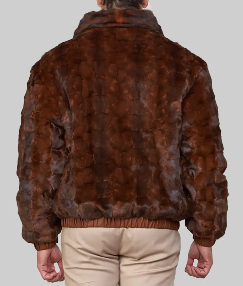 Lerry Men Brown Mink Fur Bomber Jacket Reversible to Leather - Men's Brown Mink Fur Reversible Jacket-2