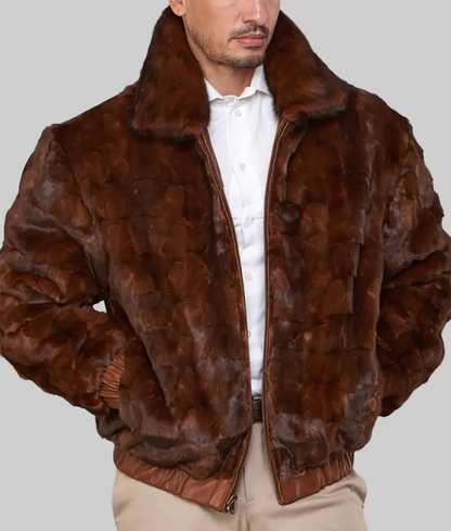 Lerry Men Brown Mink Fur Bomber Jacket Reversible to Leather - Men's Brown Mink Fur Reversible Jacket-3