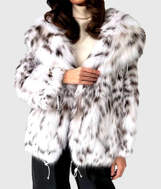 Liena Women White Hooded Canadian Lynx Fur Jacket