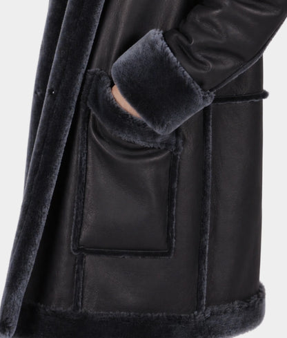 Lily Women's Black Faux Fur Shearling Lining Leather Car Coat | Women's Black Faux Fur Shearling Lining Leather Car Coat-4