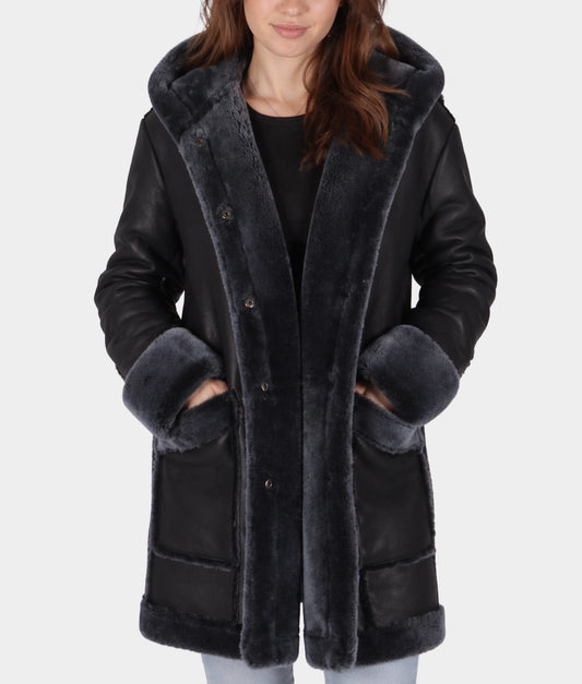 Lily Women's Black Faux Fur Shearling Lining Leather Car Coat | Women's Black Faux Fur Shearling Lining Leather Car Coat-1
