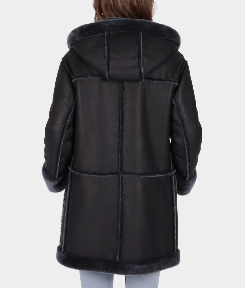 Lily Women's Black Faux Fur Shearling Lining Leather Car Coat | Women's Black Faux Fur Shearling Lining Leather Car Coat-3