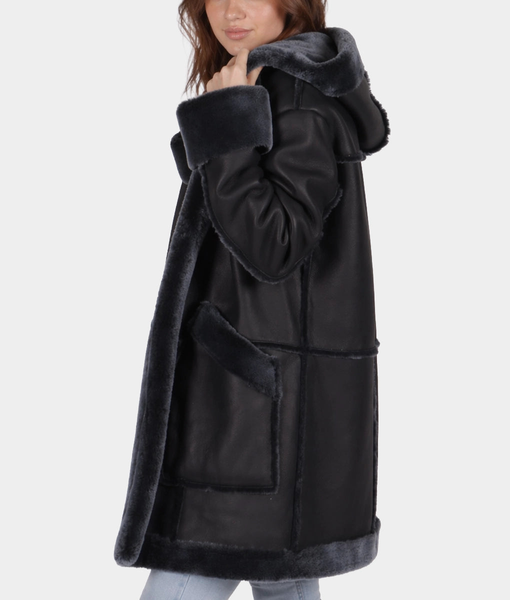 Lily Women's Black Faux Fur Shearling Lining Leather Car Coat | Women's Black Faux Fur Shearling Lining Leather Car Coat-2