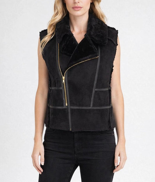 Lily Women's Faux Fur Shearling Sleeveless Assymetric Zipper Leather Jacket | Women's Faux Fur Shearling Sleeveless Assymetric Zipper Leather Jacket-1