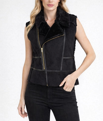 Lily Women's Faux Fur Shearling Sleeveless Assymetric Zipper Leather Jacket | Women's Faux Fur Shearling Sleeveless Assymetric Zipper Leather Jacket-2