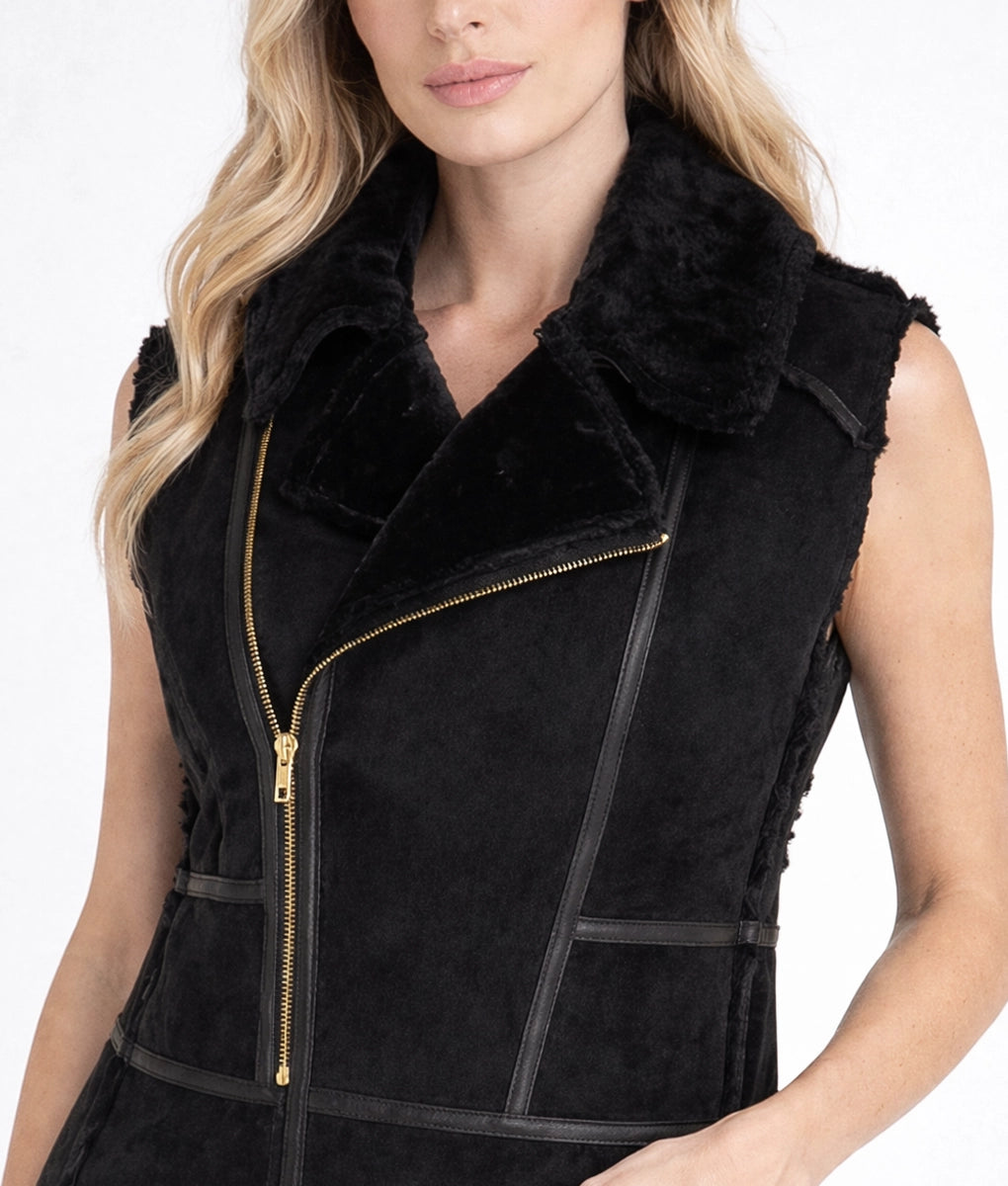 Lily Women's Faux Fur Shearling Sleeveless Assymetric Zipper Leather Jacket | Women's Faux Fur Shearling Sleeveless Assymetric Zipper Leather Jacket-3