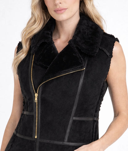 Lily Women's Faux Fur Shearling Sleeveless Assymetric Zipper Leather Jacket | Women's Faux Fur Shearling Sleeveless Assymetric Zipper Leather Jacket-3