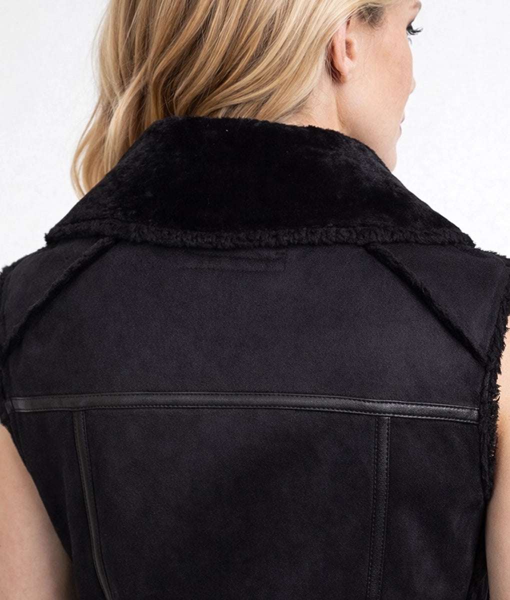 Lily Women's Faux Fur Shearling Sleeveless Assymetric Zipper Leather Jacket | Women's Faux Fur Shearling Sleeveless Assymetric Zipper Leather Jacket-4