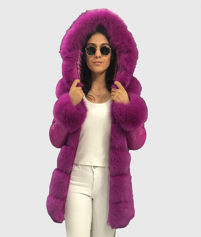 Lox Women Pink Fox Fur Coat Long Trim With Hood-1