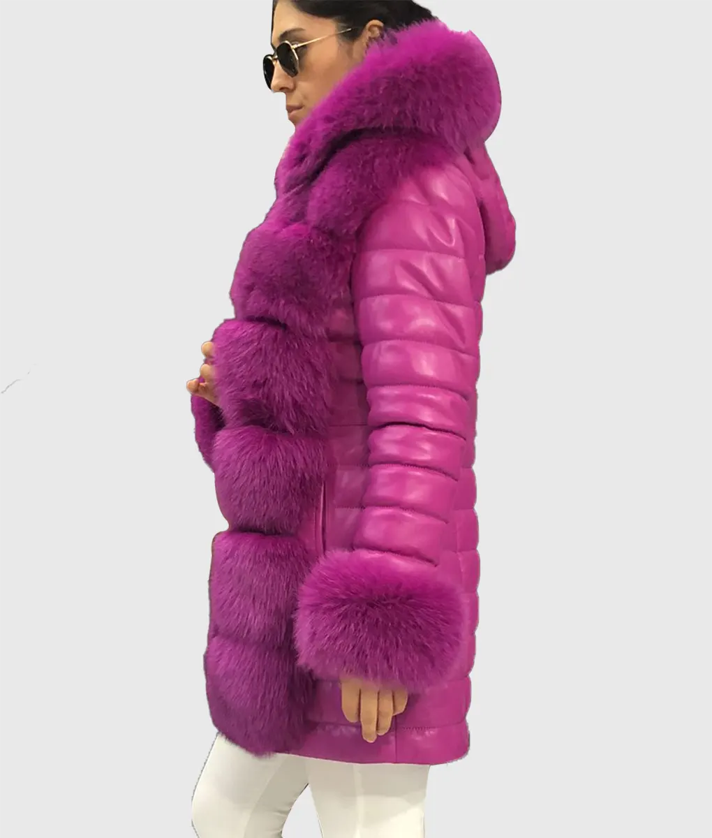 Lox Women Pink Fox Fur Coat Long Trim With Hood-3