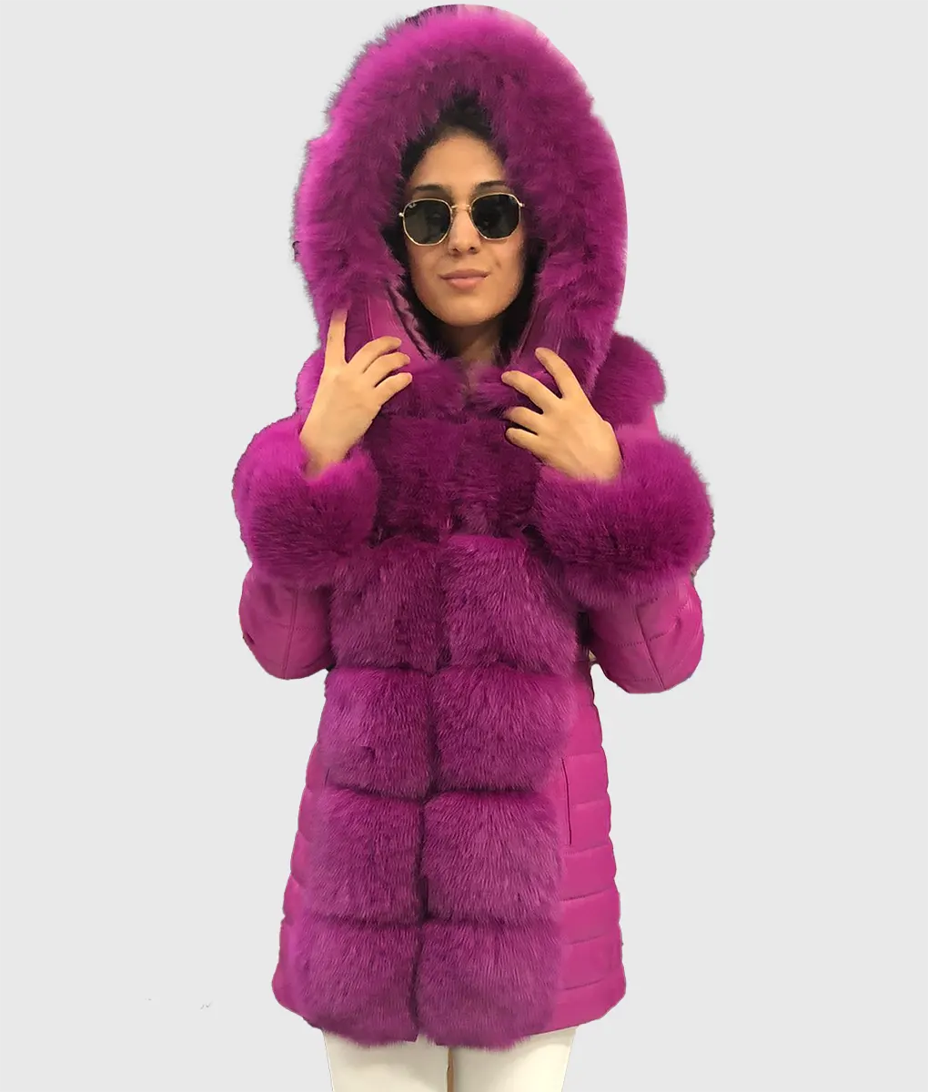 Lox Women Pink Fox Fur Coat Long Trim With Hood-2