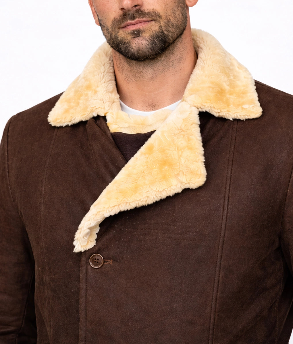 Magnum Men's Faux Fur Shearling Trim Dark Brown Suede Long Coat | Men's Faux Fur Shearling Trim Dark Brown Suede Long Coat-5