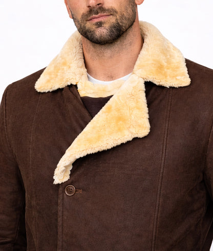 Magnum Men's Faux Fur Shearling Trim Dark Brown Suede Long Coat | Men's Faux Fur Shearling Trim Dark Brown Suede Long Coat-5
