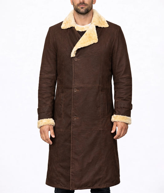 Magnum Men's Faux Fur Shearling Trim Dark Brown Suede Long Coat | Men's Faux Fur Shearling Trim Dark Brown Suede Long Coat-1