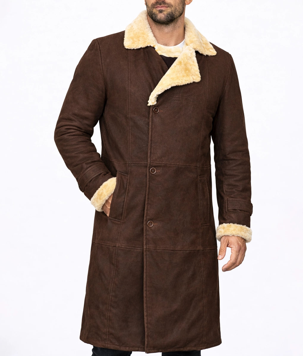 Magnum Men's Faux Fur Shearling Trim Dark Brown Suede Long Coat | Men's Faux Fur Shearling Trim Dark Brown Suede Long Coat-3