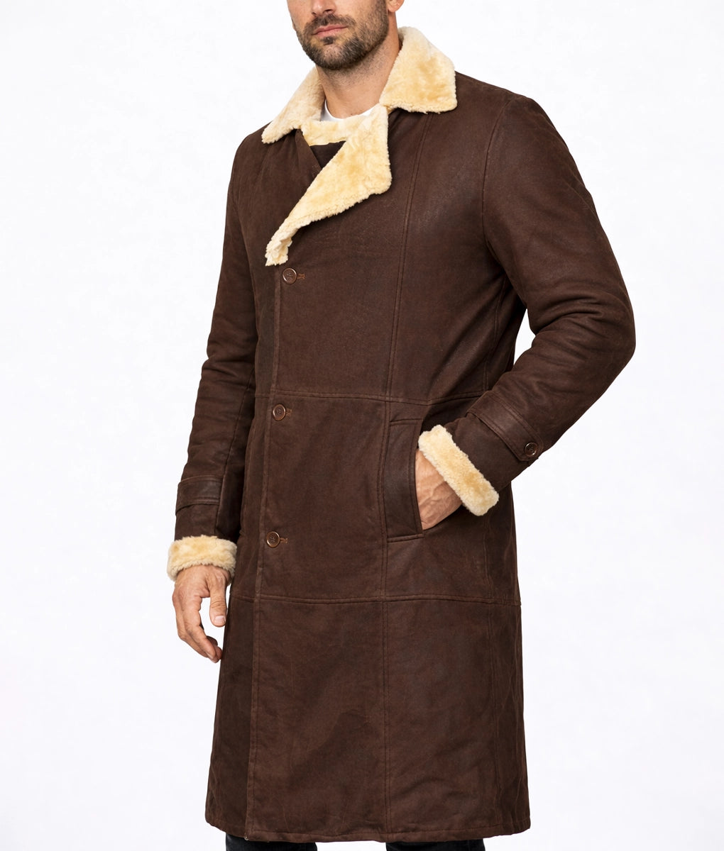 Magnum Men's Faux Fur Shearling Trim Dark Brown Suede Long Coat | Men's Faux Fur Shearling Trim Dark Brown Suede Long Coat-2