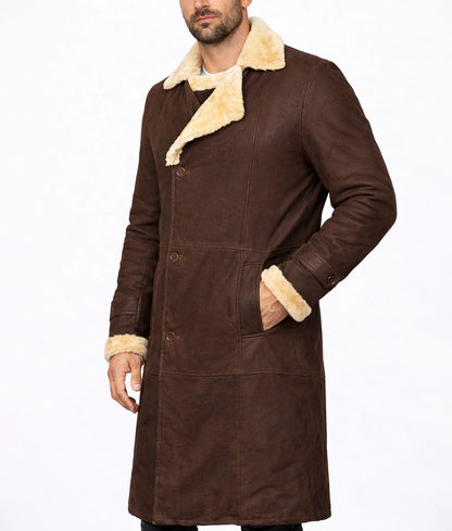 Magnum Men's Faux Fur Shearling Trim Dark Brown Suede Long Coat | Men's Faux Fur Shearling Trim Dark Brown Suede Long Coat-2