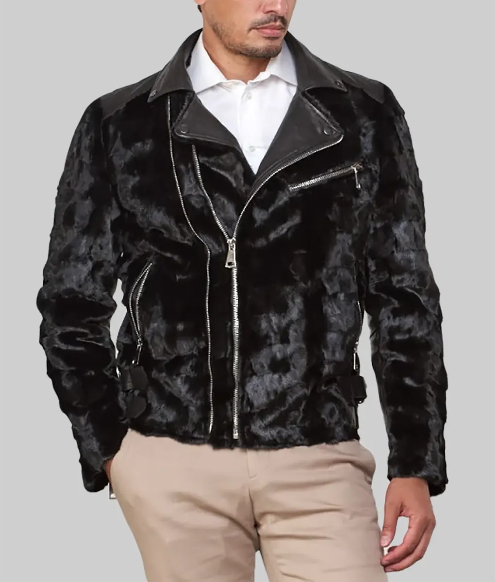 Men Black Mink Fur Biker Jacket with Fox Fur Collar - Fox Fur Collar Mink Biker jacket-3