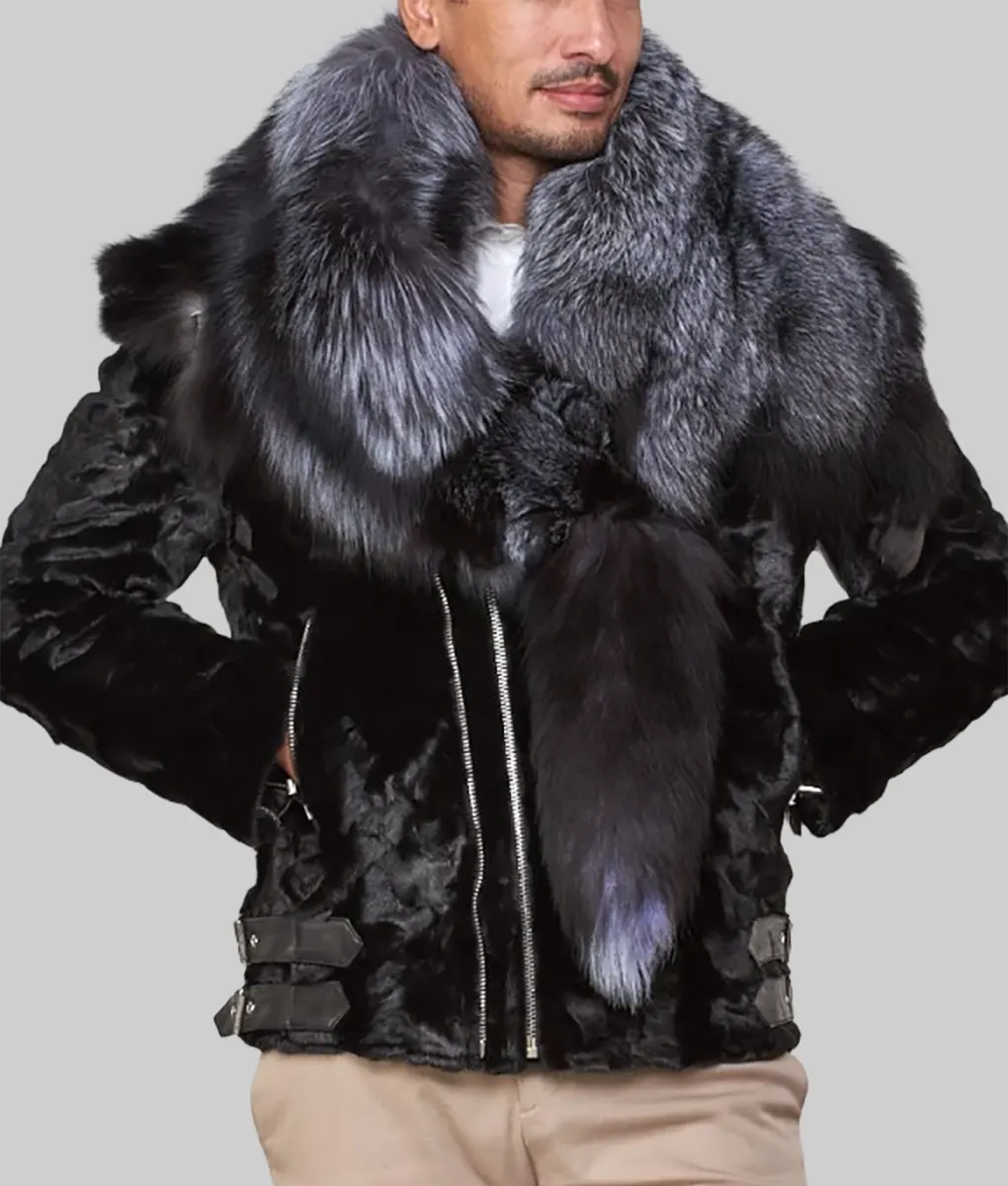 Men Black Mink Fur Biker Jacket with Fox Fur Collar - Fox Fur Collar Mink Biker jacket-5