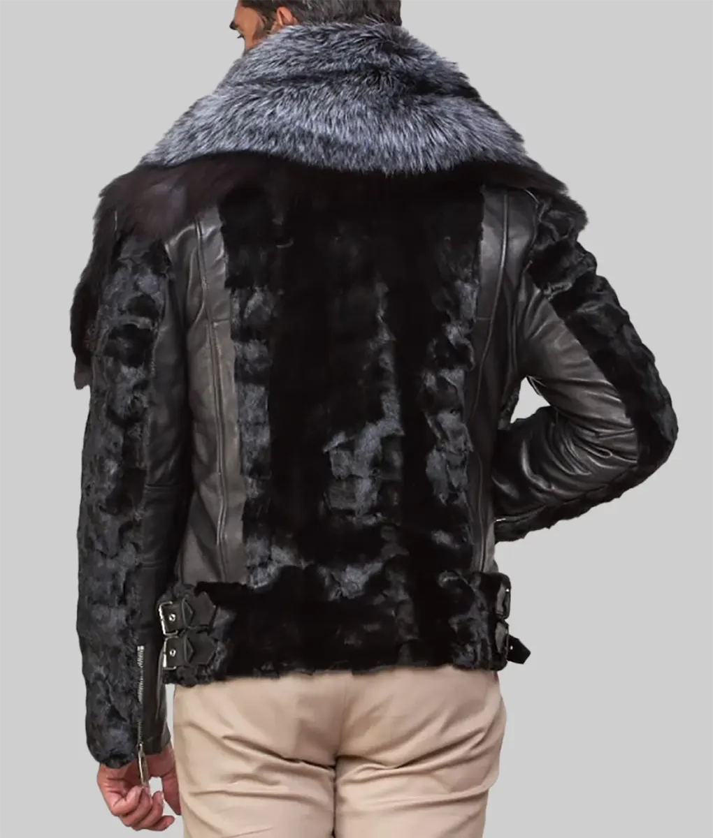 Men Black Mink Fur Biker Jacket with Fox Fur Collar - Fox Fur Collar Mink Biker jacket-1