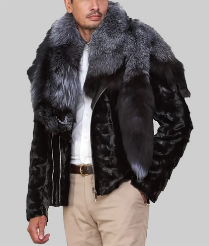 Men Black Mink Fur Biker Jacket with Fox Fur Collar - Fox Fur Collar Mink Biker jacket-2