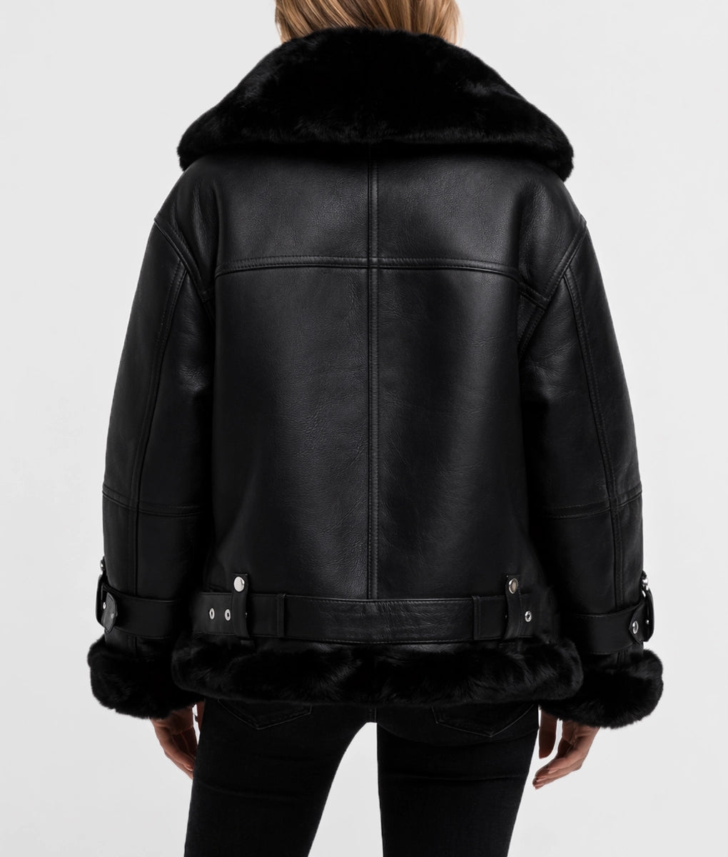 Malona Women's Black Faux Fur Shearling Trim Leather Jacket | Women's Black Faux Fur Shearling Trim Leather Jacket-3